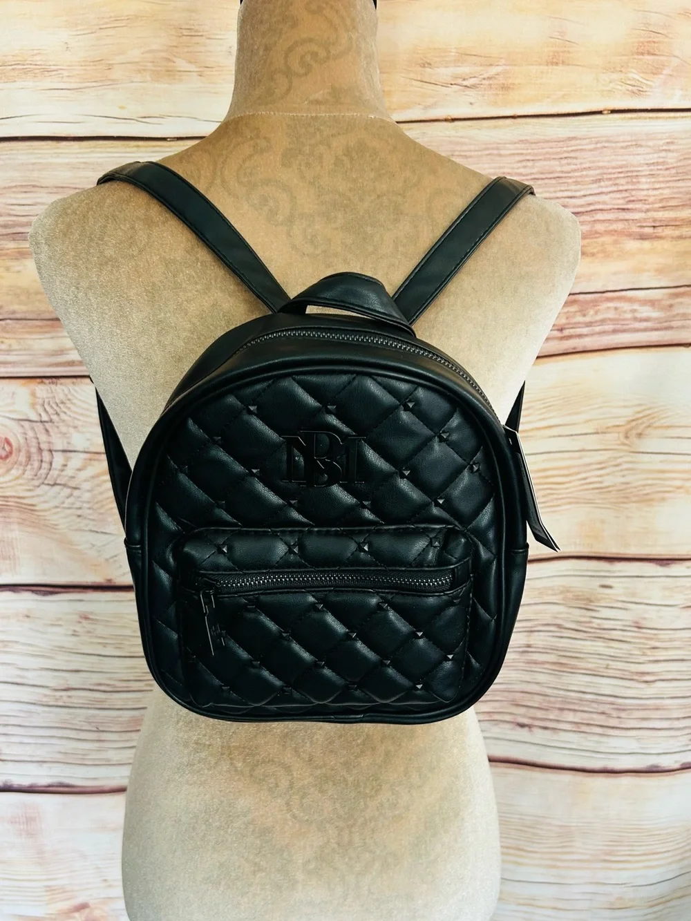 Badgley Mischka Black Vegan Leather Logo Studded Quilted Mini Backpack NWT